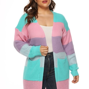 Detail of colorful striped knit cardigan with textured long sleeves and large pockets