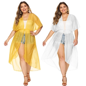 Plus Size Women Chiffon Beach Cover Up Lace Up Tie Waist Irregular Hem Sunscreen Cardigan Solid Color V Neck Casual Top