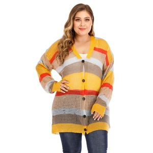 Plus size colorful striped knit cardigan with V-neck button down and relaxed fit for women