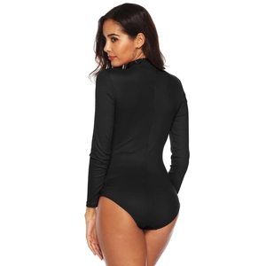 Women black ribbed long sleeve bodysuit with lace splicing and elegant mock neck design