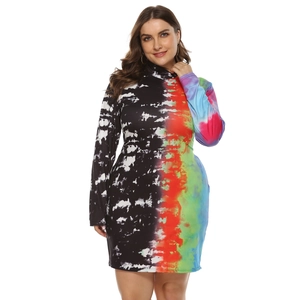 Close-up detail of high neck dress with contrast tie-dye marble and colorful print