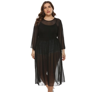 Plus size black sheer mesh long sleeve midi cover-up dress for women layering