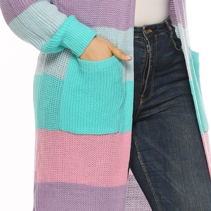 Detail of multi-color striped chunky knit cardigan with soft texture and side pockets