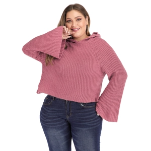 Detail of chunky knit texture and bell sleeves on a dusty pink plus size hoodie sweater
