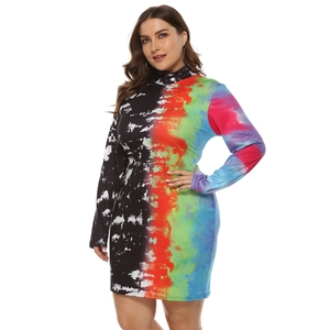 Plus size long sleeve mini dress with vibrant tie-dye print and mock neck silhouette