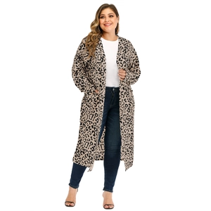 Full view of long leopard print cashmere cardigan with pockets for casual women's styling
