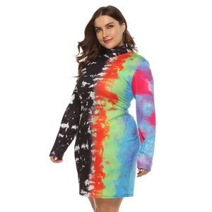 Close-up of vibrant tie-dye pattern on this long sleeve slim fit turtleneck dress