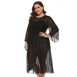 Plus size black sheer mesh cover-up dress with bell sleeves and elegant mid-length cut