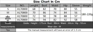 Detailed size chart in centimeters for women's slim fit lace patchwork bodysuit