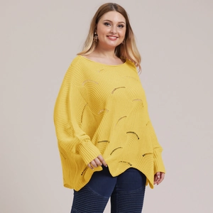Plus size yellow knit sweater with batwing sleeves and hollow-out pattern in loose fit