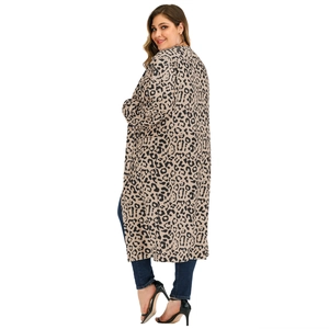 Detail view of the leopard print pattern and long sleeves on a casual women cardigan
