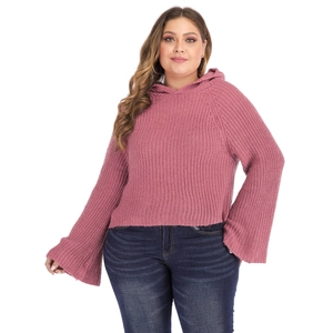 Detailed knit texture of plus size hooded sweater with stylish wide bell sleeves