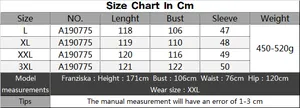 Detailed size chart for long color-block woven cardigan from L to 3XL with measurements