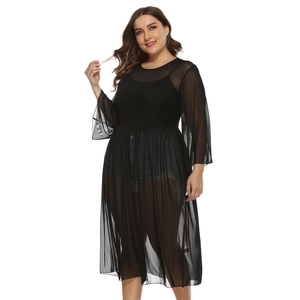 Close-up detail of sheer mesh sleeves and neckline on a black plus size midi dress