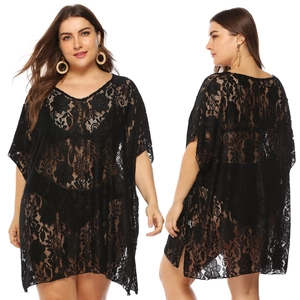 Taglie Forti Donna Sexy Pizzo Trasparente Scollo a V Copri-Costume da Spiaggia Abito Floreale Maniche Corte Vacanza