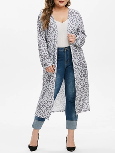 Full view of long leopard print cardigan for women in grey and purple tones with pockets