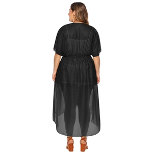 Rear view of plus size black chiffon cover-up with elastic waist and sheer texture