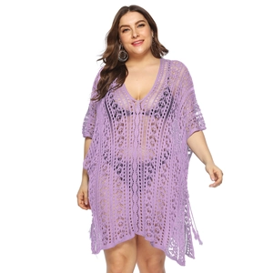 Detailed view of light purple crochet knit texture on this plus size V-neck beach cover up