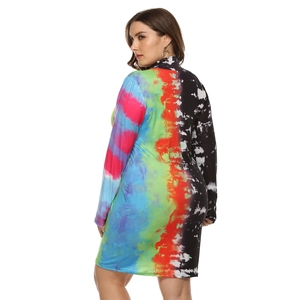Detail of colorful tie-dye patterns and high neck collar on slim-fit long sleeve dress