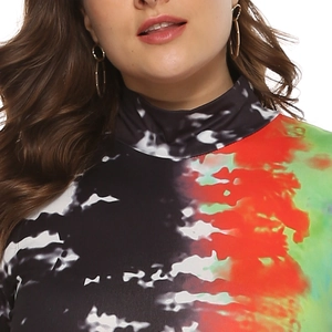 Close-up of high neck dress with vibrant multi-color tie-dye print and slim fit design