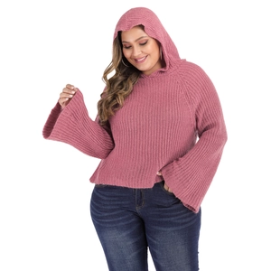 Detailed knit texture and flare sleeve design on this pink hooded cropped sweater