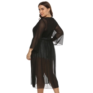 Elegant black sheer mesh cover-up dress with long sleeves and cinched waist for women