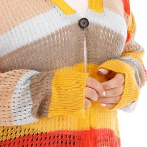 Close-up of multicolor striped knit cardigan with hollow texture and black button