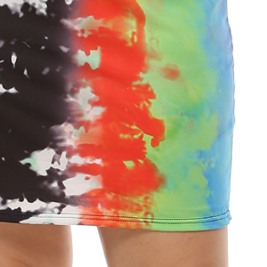 Detailed close-up of multi-color tie-dye print hemline with durable double-needle stitching