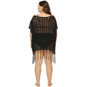 Plus size black crochet cover-up with fringe hem and off-shoulder knit design