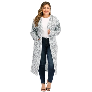 Plus size long sleeve leopard print knit cardigan with pockets for casual women outfits