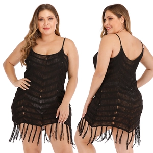 Women Plus Size Sexy Black Crochet Hollow Out Camisole Beach Dress With Fringe Hem Summer Tassel Knit Cover Up