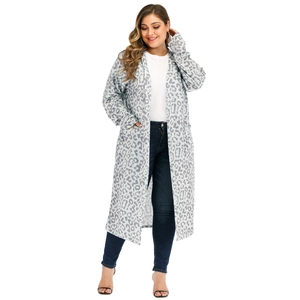 Detail of grey leopard print knit cardigan showing soft fabric texture and side pockets