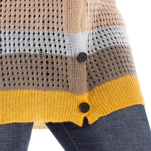 Detailed macro view of hollow mesh knit texture with striped pattern and side button detail