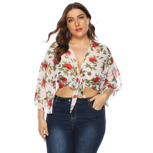 Plus size rose print chiffon cardigan with bell sleeves and front tie knot crop top