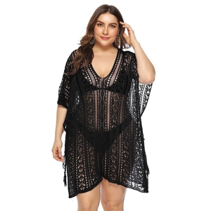 Detail showing the intricate hollow crochet pattern on a plus size black V-neck beach cover-up