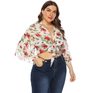 Plus size rose print chiffon cardigan with bell sleeves and front tie knot top