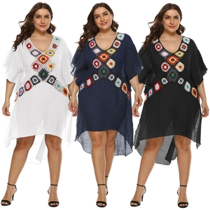 Women Plus Size Bohemian Crochet Floral Patchwork Beach Dress V Neck Batwing Sleeve Irregular High Low Hem Cover Up