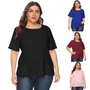 Plus size short sleeve T-shirt featuring laser-cut hollow floral hem in multiple colors