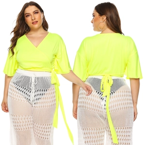 Women Plus Size Neon Green V Neck Wrap Tie Crop Top Batwing Short Sleeve Sexy Casual Vacation Summer Blouse For Women