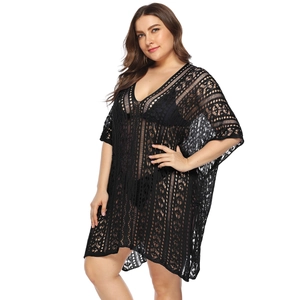 Detail of black crochet hollow-out V-neck beach cover up with geometric texture