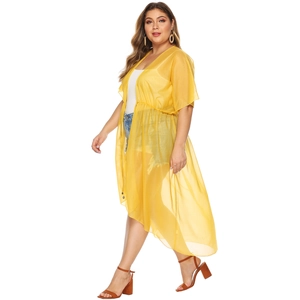 Women's yellow chiffon beach cover-up cardigan with drawstring waist and sheer fabric
