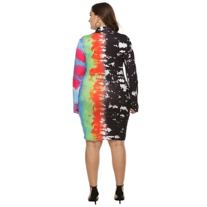 Slim fit long sleeve bodycon dress with colorful rainbow tie-dye and black ink print