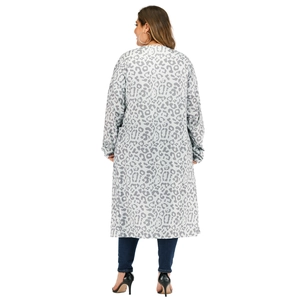 Back view of a plus-size leopard print long cardigan with grey and white knit pattern