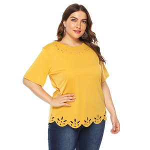Women's plus size yellow short sleeve T-shirt with laser cut hollow pattern lace details