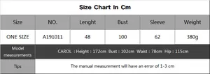 Detailed size chart for plus size women's knit sweater with measurements and model data