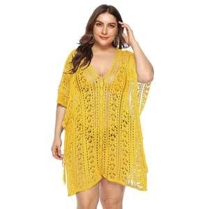 Close-up of yellow crochet knit pattern on a V-neck plus size summer beach cover-up dress
