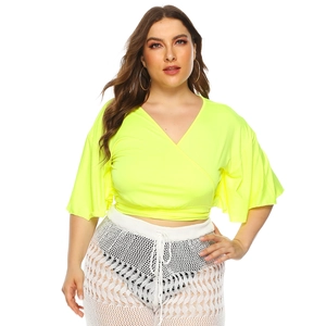 Plus size neon green V-neck wrap top with short batwing sleeves and bow waist tie