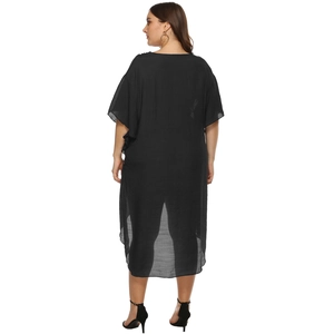 Back view of plus size black beach cover-up with crochet stitch and asymmetric split hem