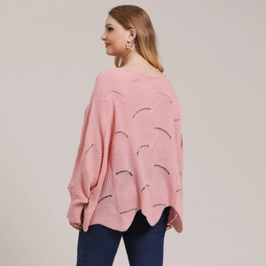 Pink oversized batwing sleeve hollow out knit sweater for women in a casual loose fit