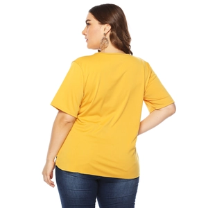 Women's plus size bright yellow short sleeve T-shirt with round neck and causal fit